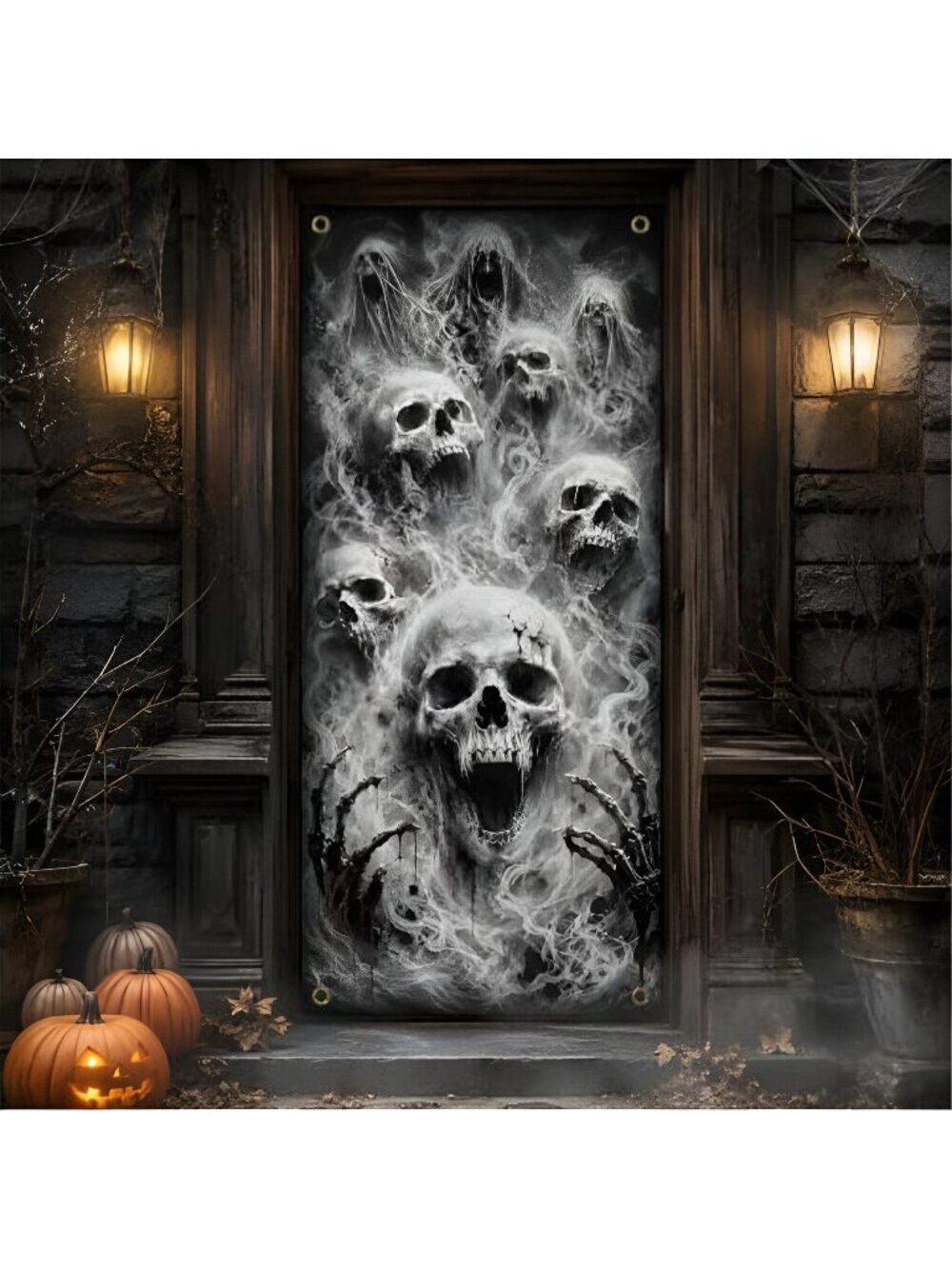 Halloween Door Cover, 72 x 35 Inch Scary Skull Ghost Door Decorations